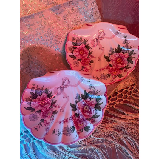 St George porcelain trinket tray with pink shell motif, ribbons, and floral accents. Perfect for small items or display.