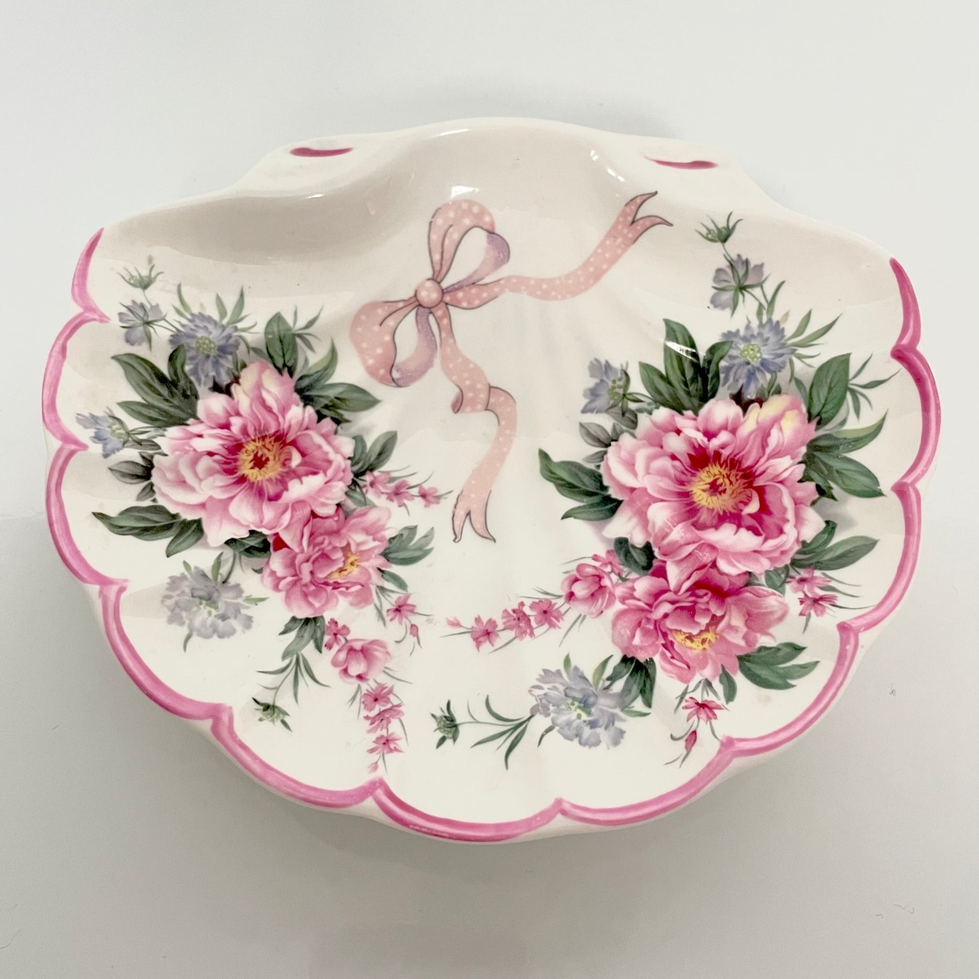 St George porcelain trinket tray with pink shell motif, ribbons, and floral accents. Perfect for small items or display.