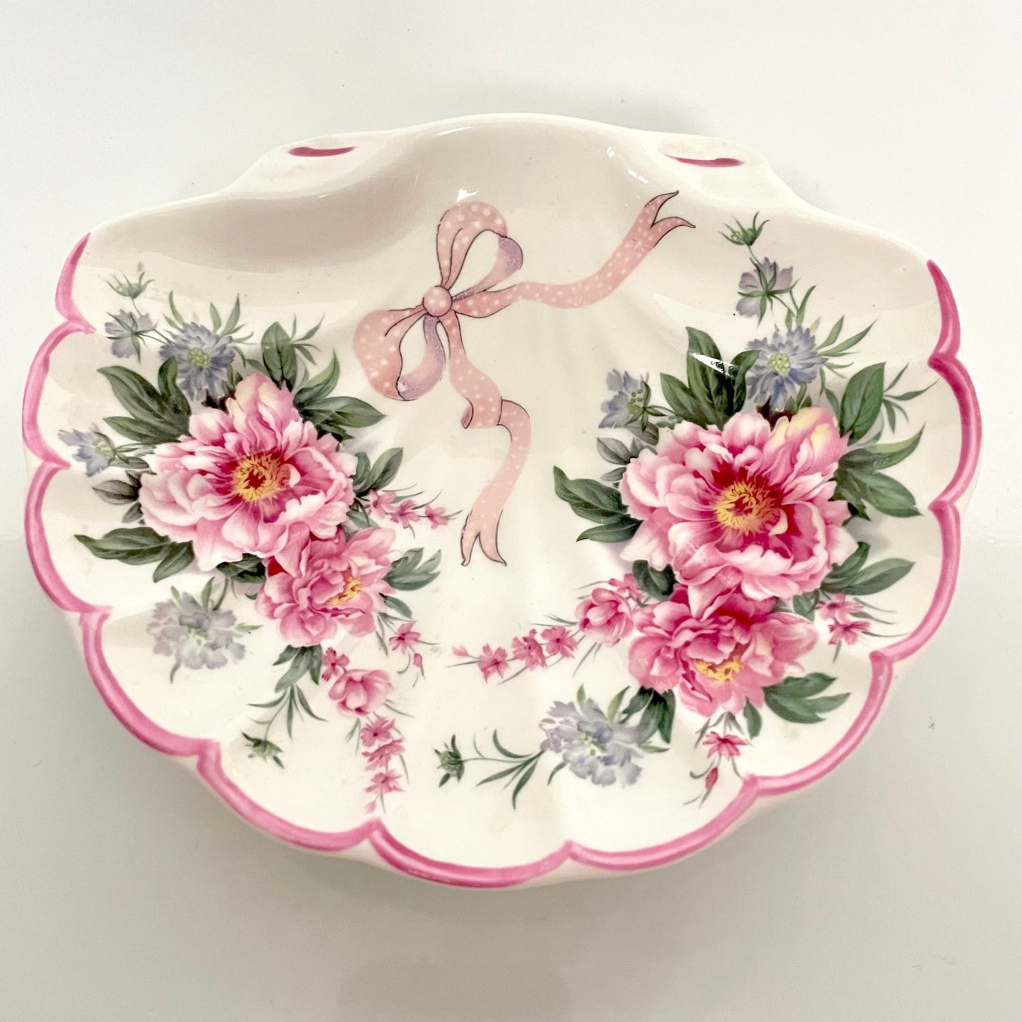 St George porcelain trinket tray with pink shell motif, ribbons, and floral accents. Perfect for small items or display.