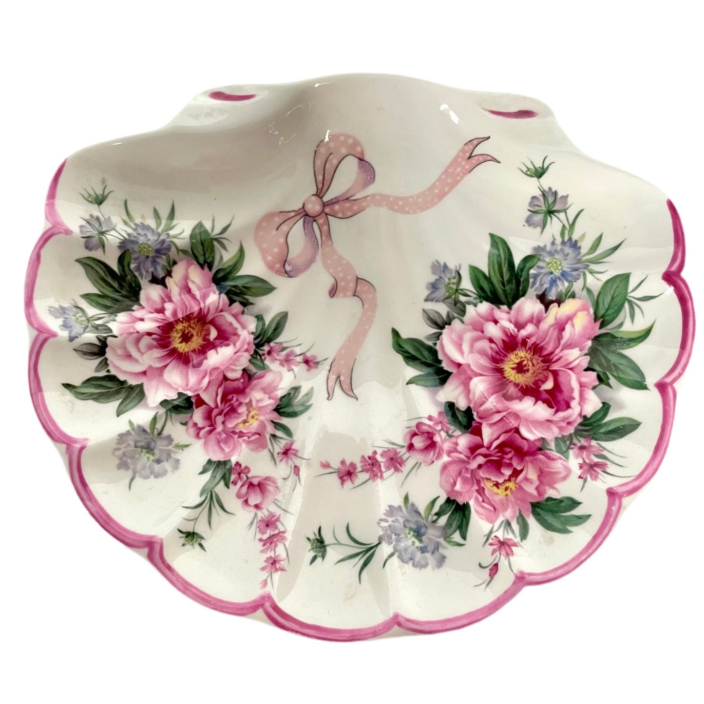 St George porcelain trinket tray with pink shell motif, ribbons, and floral accents. Perfect for small items or display.