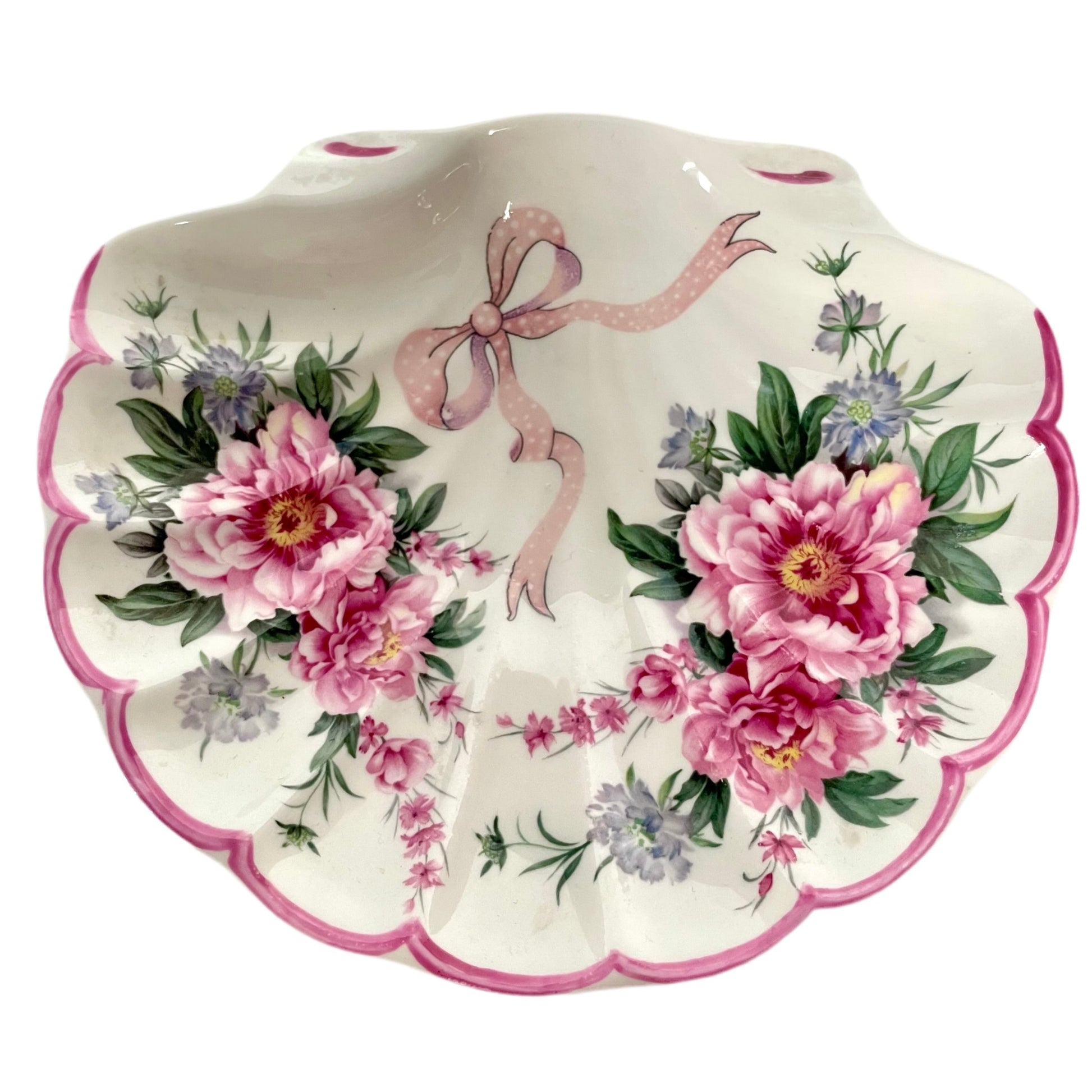 St George porcelain trinket tray with pink shell motif, ribbons, and floral accents. Perfect for small items or display.