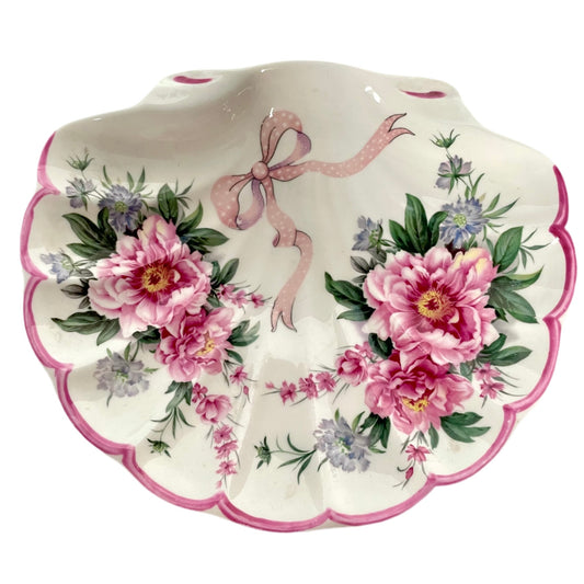 St George porcelain trinket tray with pink shell motif, ribbons, and floral accents. Perfect for small items or display.