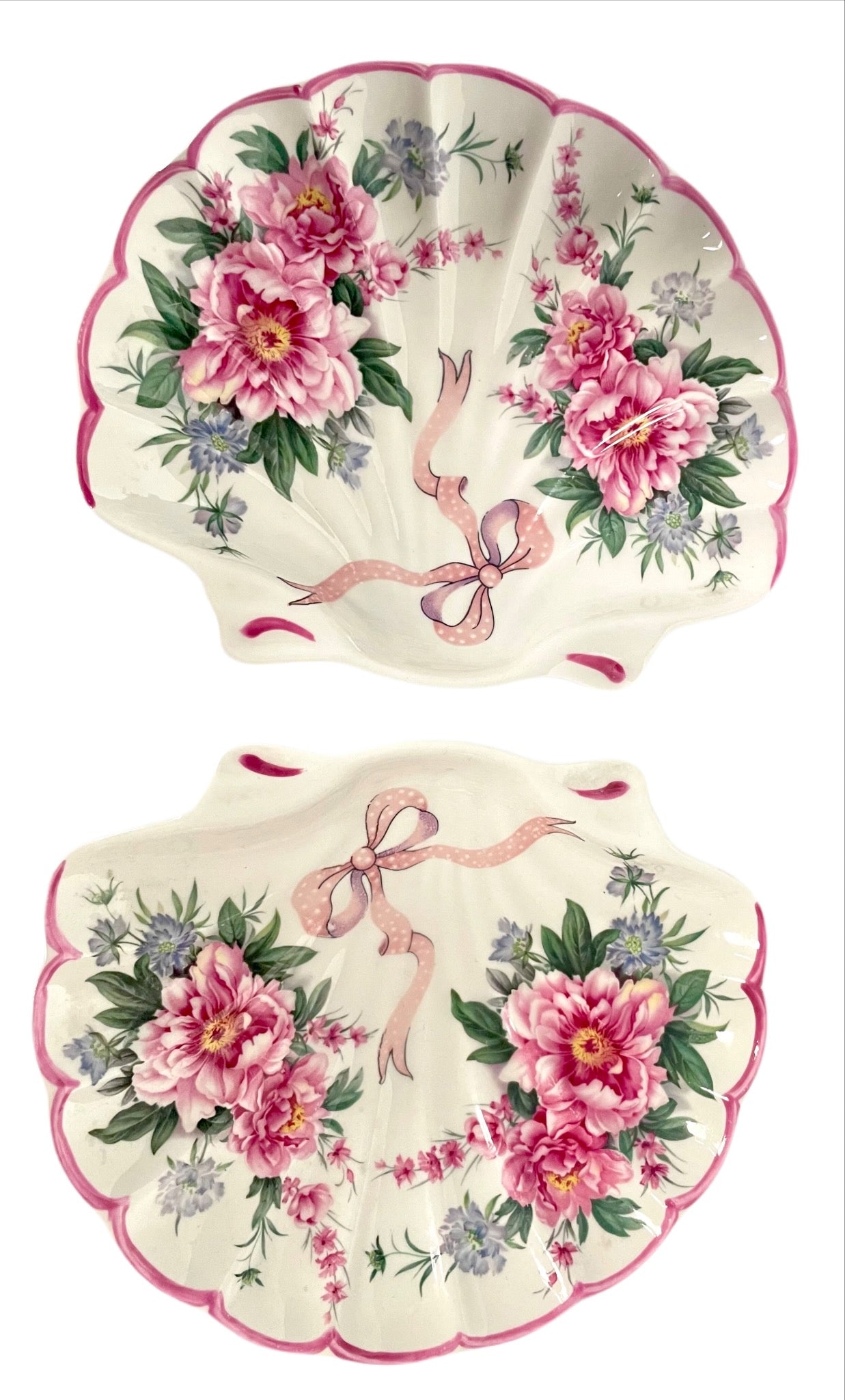 St George porcelain trinket tray with pink shell motif, ribbons, and floral accents. Perfect for small items or display.
