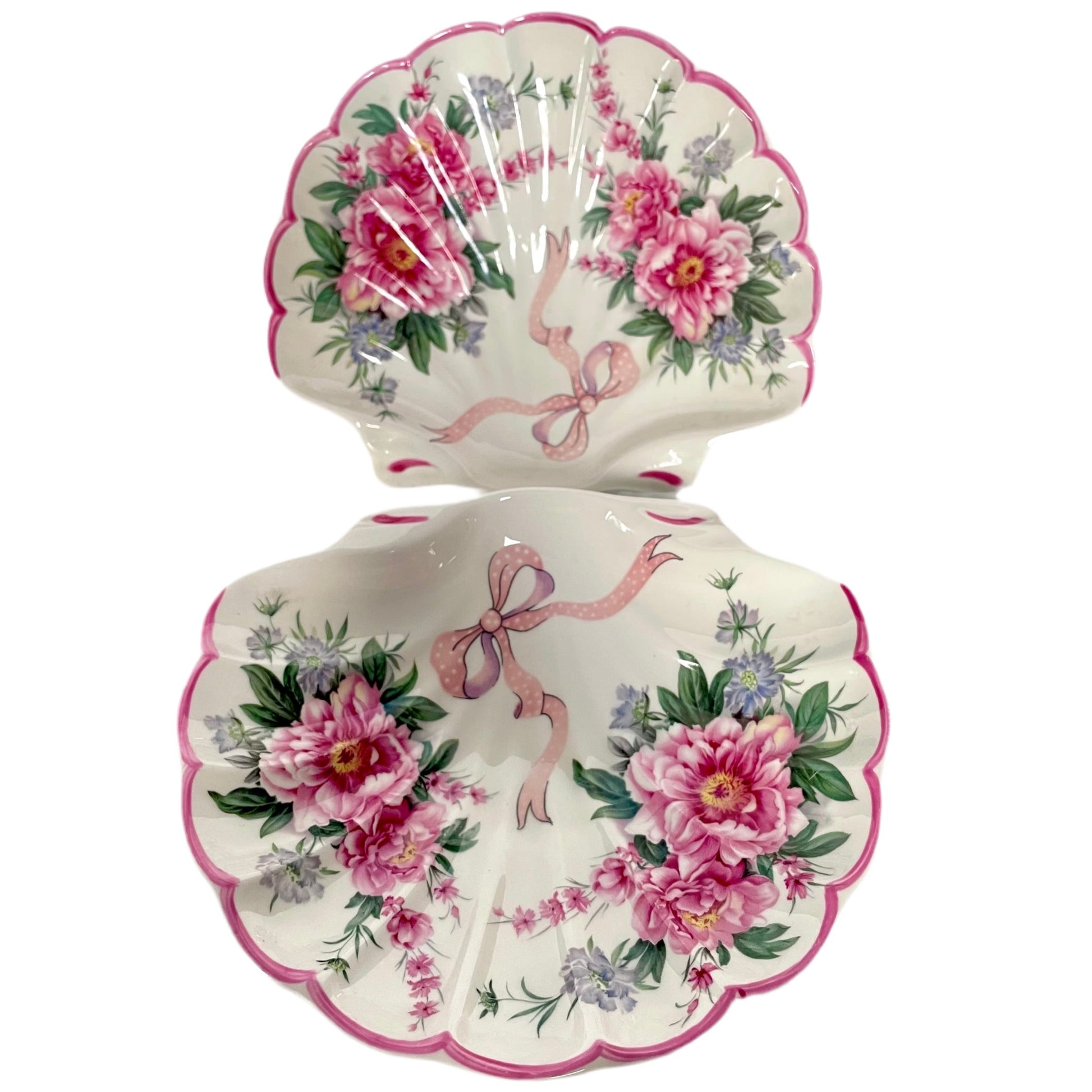 St George porcelain trinket tray with pink shell motif, ribbons, and floral accents. Perfect for small items or display.