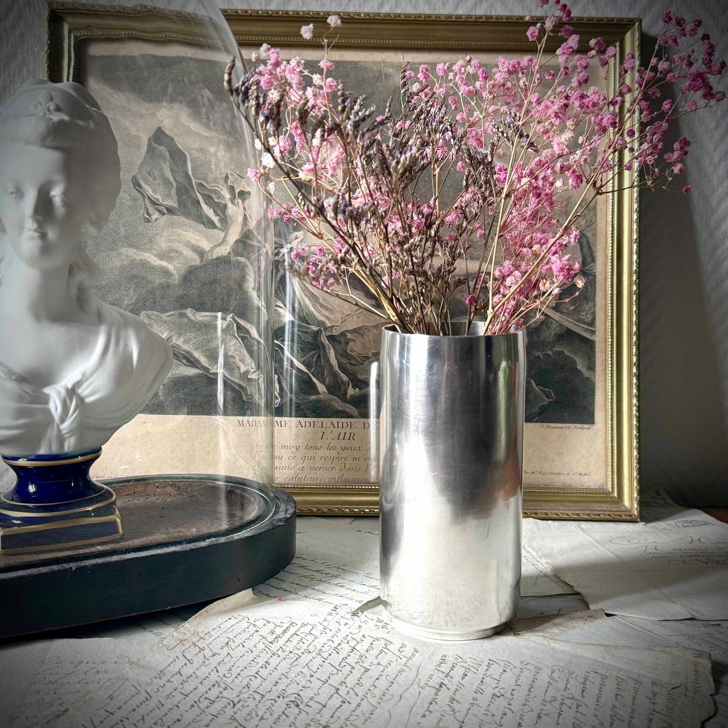 Vintage Christian Dior silver-plated tube vase, minimalist cylinder design, 20th-century French luxury decor.