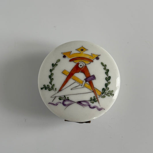 Vintage French porcelain Masonic pillbox, hand-painted Square and Compasses, metal handshake clasp.