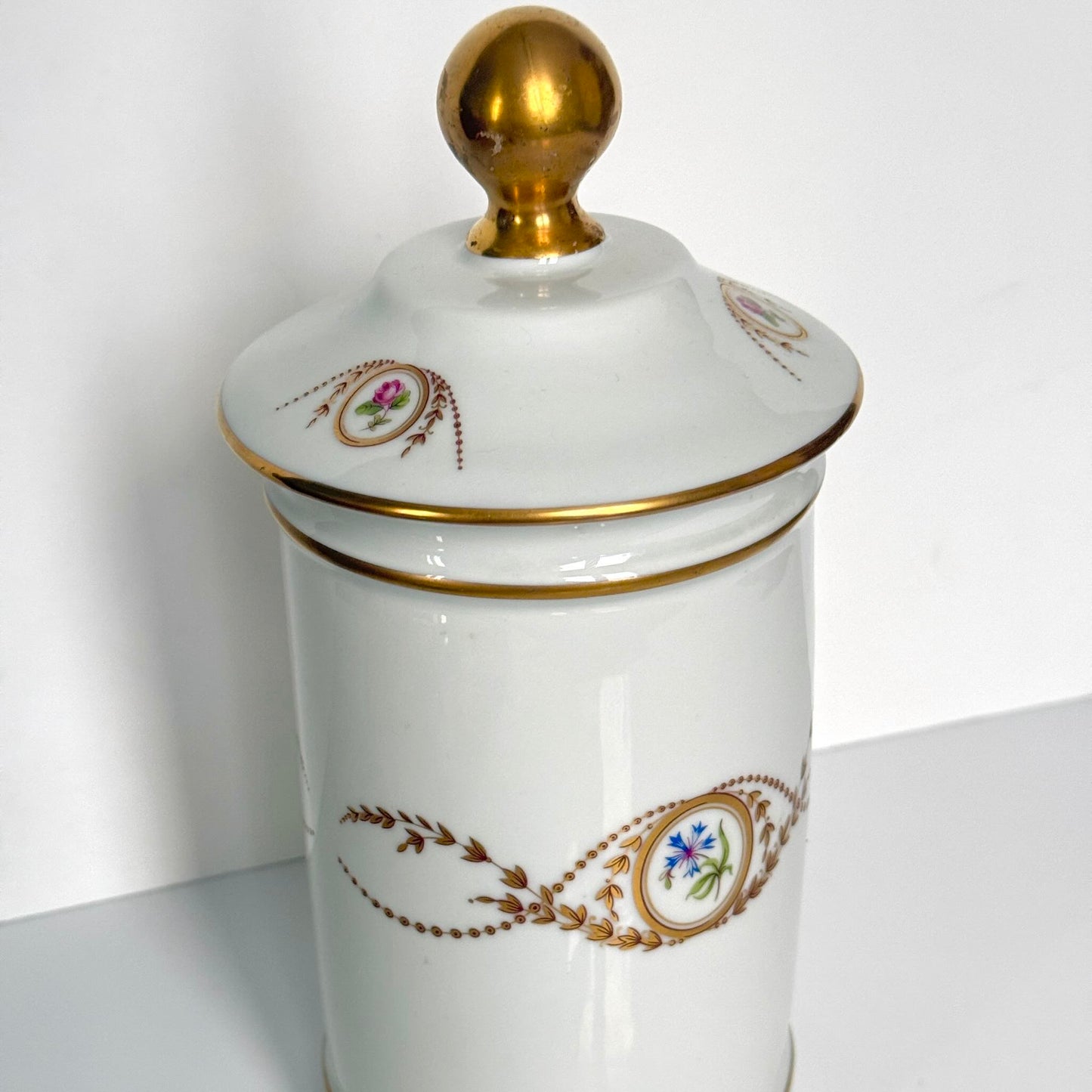 Vintage Limoges Castel Porcelain Apothecary Jar – Floral Medallions & Gilt Scrolls