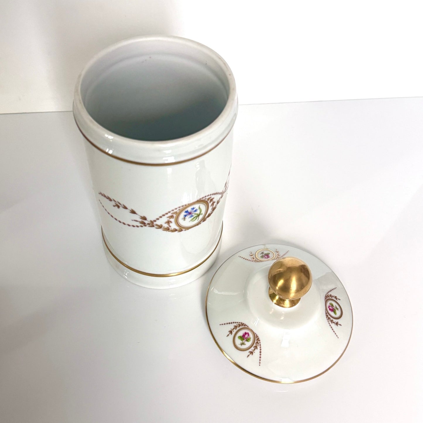 Vintage Limoges Castel Porcelain Apothecary Jar – Floral Medallions & Gilt Scrolls