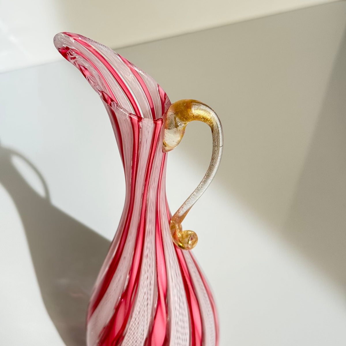 Vintage Murano Glass Ewer Vase 1 – Pink & White Latticino