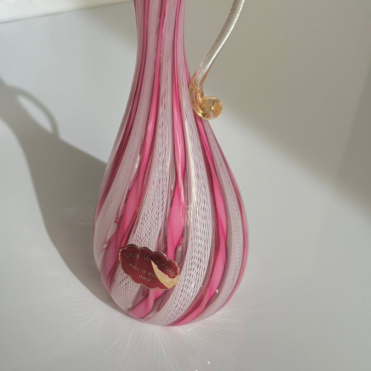 Vintage Murano Glass Ewer Vase 1 – Pink & White Latticino