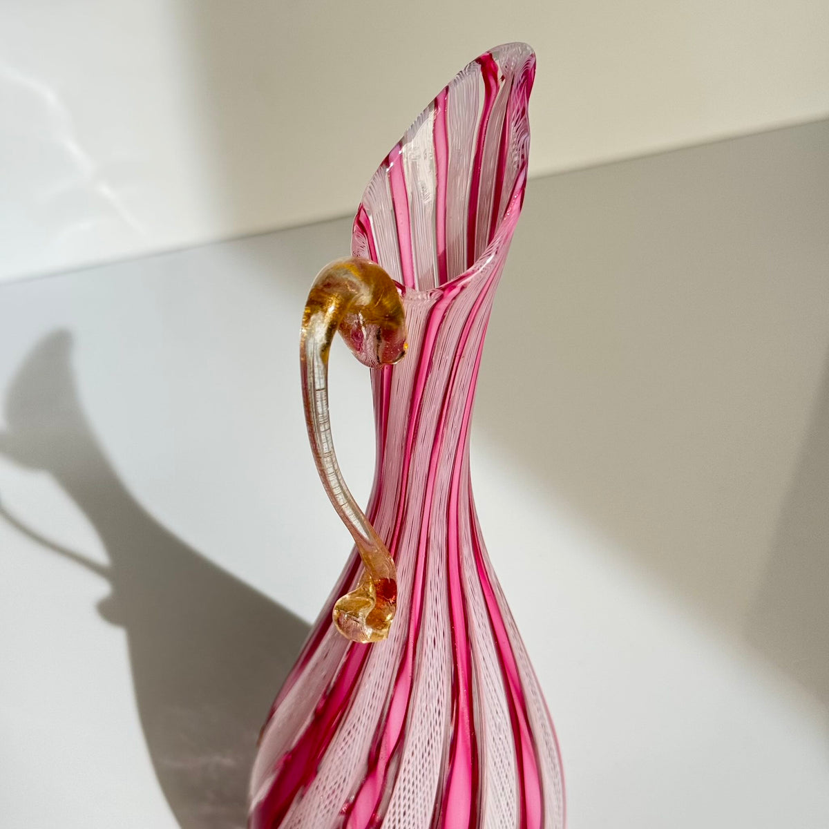 Vintage Murano Glass Ewer Vase 1 – Pink & White Latticino
