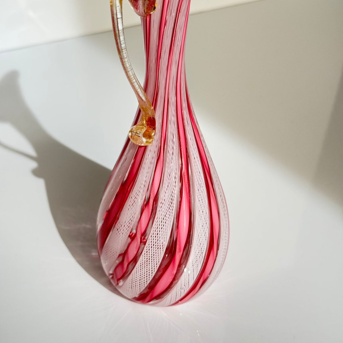 Vintage Murano Glass Ewer Vase 1 – Pink & White Latticino