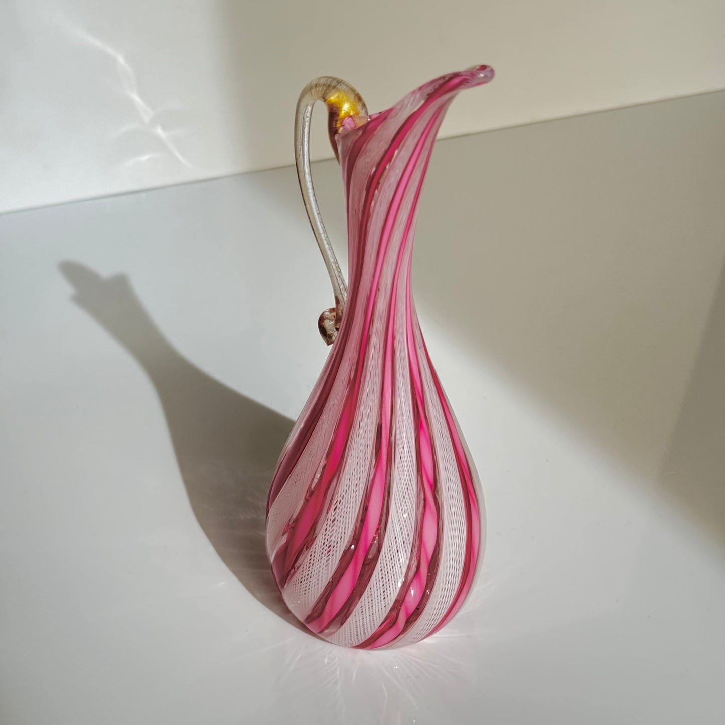 Vintage Murano Glass Ewer Vase 1 – Pink & White Latticino