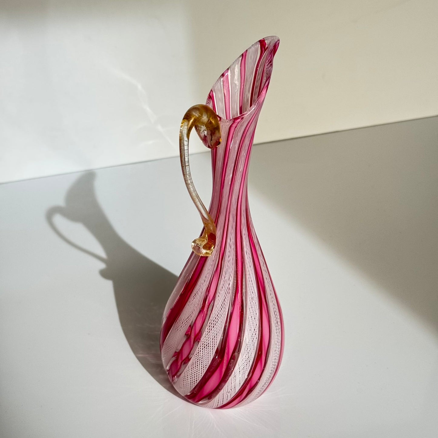 Vintage Murano Glass Ewer Vase 1 – Pink & White Latticino