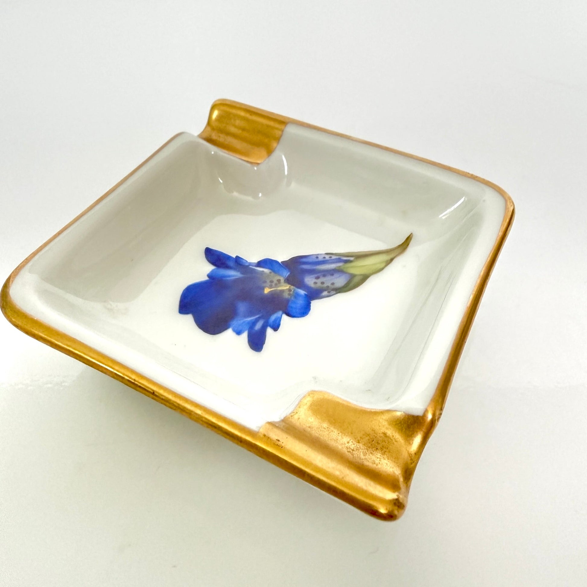 Vintage Rosenthal porcelain ashtray, hand-painted blue gentian flower, gold trim, Munich Germany.