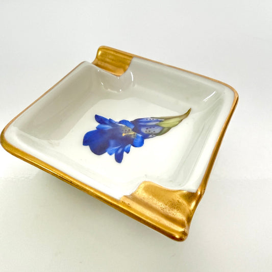 Vintage Rosenthal porcelain ashtray, hand-painted blue gentian flower, gold trim, Munich Germany.