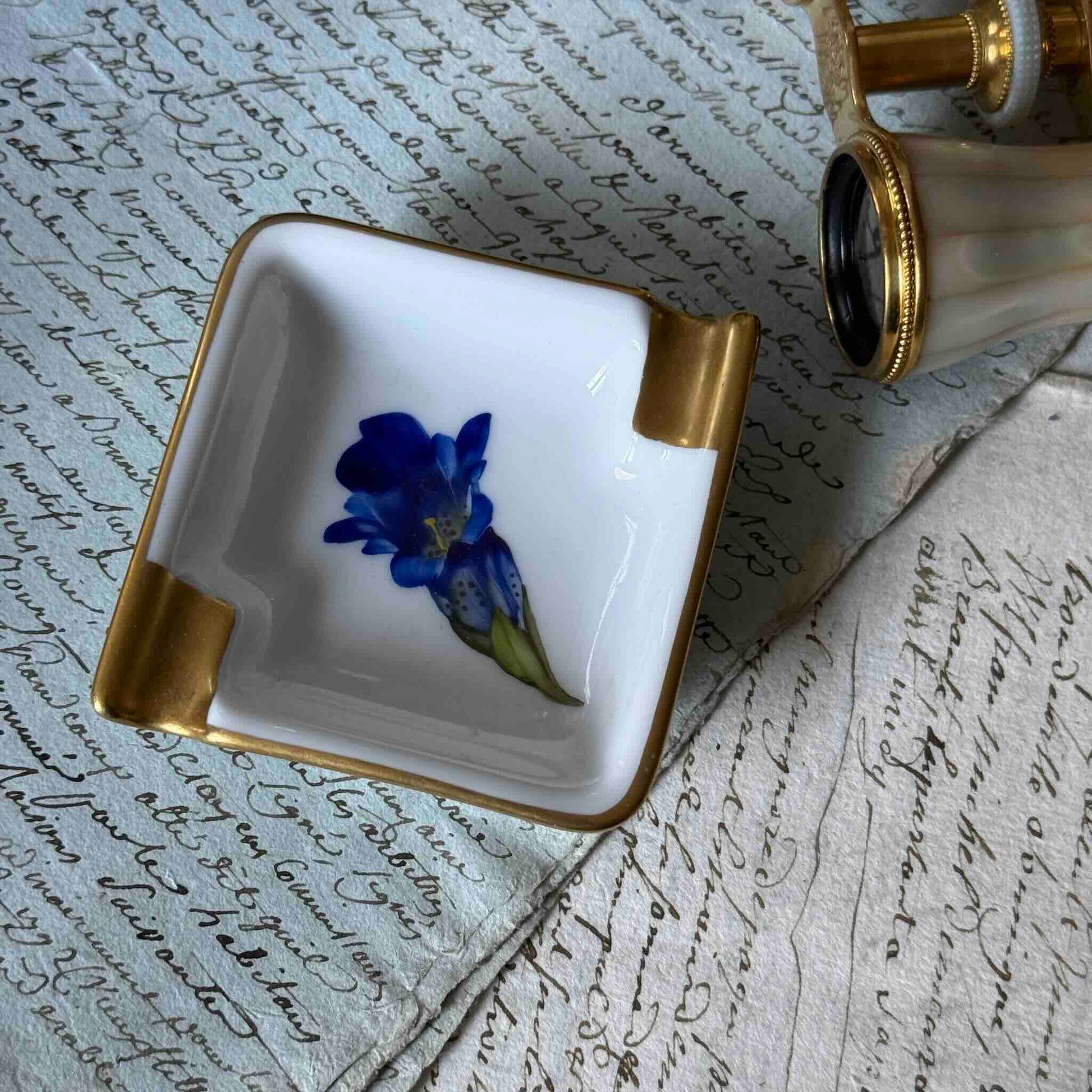 Vintage Rosenthal porcelain ashtray, hand-painted blue gentian flower, gold trim, Munich Germany.