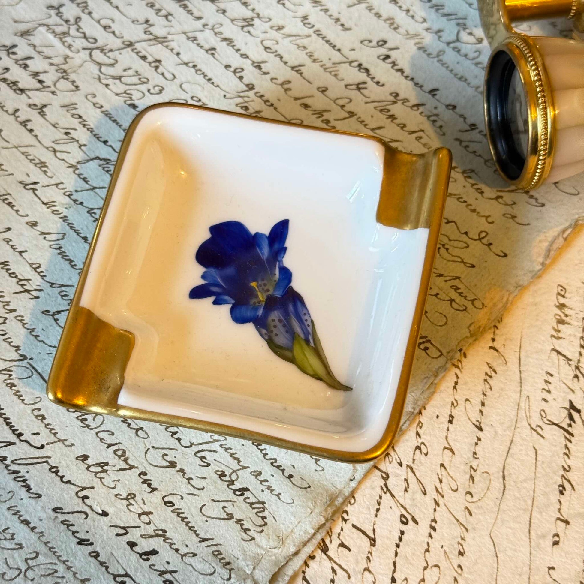Vintage Rosenthal porcelain ashtray, hand-painted blue gentian flower, gold trim, Munich Germany.